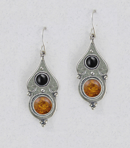 Sterling Silver Gothic Look With Amber And Black Onyx Gemstone Drop Dangle Earrings